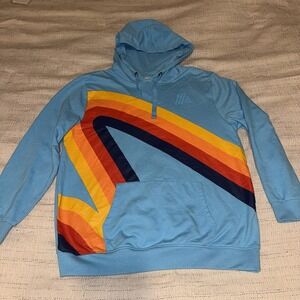 ALDI Gear Hoodie L Blue Rainbow Graphic Pullover Retro Streetwear